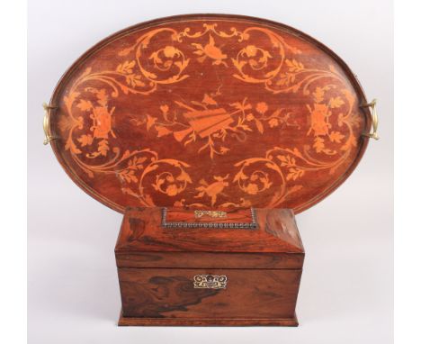 A late 19th century/early 20th century, rosewood sarcophagus tea caddy, with mother-of-pearl decoration, 7" x 12 1/2”, and a 