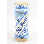 An antique Delft pottery wet drug jar, "Se Anifi", 11 1/2" high, (damages and restoration)