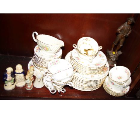 A Minton "Marlow" pattern part dinner service, a spelter figure, "La Recolte", 16" high, a pair of dogs, 3 3/4" high and othe
