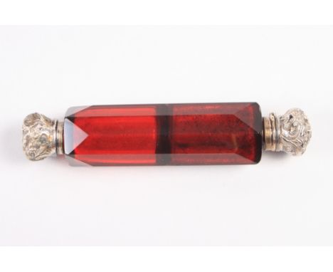 A Victorian ruby cut glass double ended salts/scent bottle with plated mounts, 5 1/2" long 