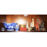 A Chinese pedestal bowl, decorated with a horse, 3" dia, a blue and white bowl, decorated panels