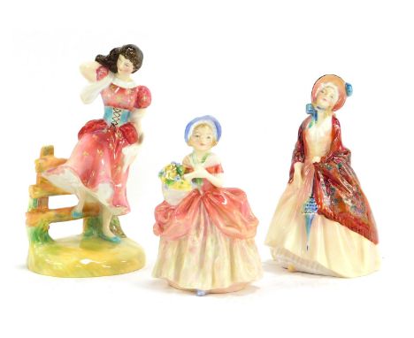 Three Royal Doulton porcelain figures, modelled as Summer, HN2086, Cissy, HN1809, and Paisley Shawl, HN1988.