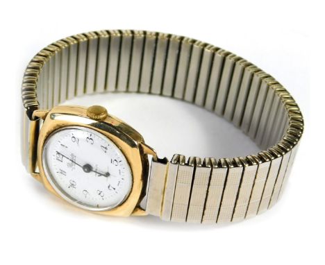 A Precista 9ct gold cased wristwatch, with square design wristwatch head with white enamel numeric dial with black hands, on 