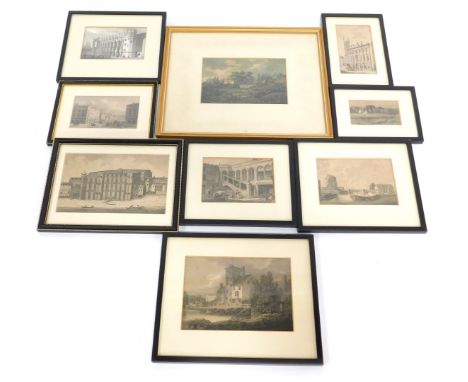 A group of 19thC and later engravings, to include Friar Bacon's Study Oxford, Regent Street from the Circus Piccadilly, drawn