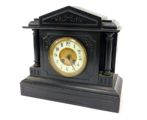 A 19thC black slate mantel clock, cream enamel numeric dial and brass chapter ring,  eight day movement with coil strike, the