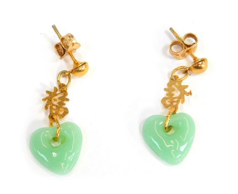 A pair of 9ct gold and jadite drop earrings, the jade formed as a heart, with Chinese character drops, on single pin back wit