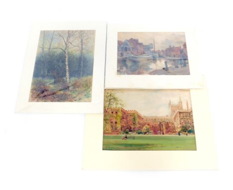 W Marshinson (early 20thC School). New Hall Oxford, watercolour, signed, 26cm x 36cm, together with Silver Birches in winter 