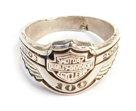 A silver Harley Davidson signet ring, celebrating the 100 Year Anniversary in 2003, ring size Z+1, 9.8g all in. 