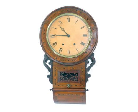 A late 19thC/early 20thC mahogany and inlaid drop dial wall clock, the circular enamel face bearing Roman numerals, eight day