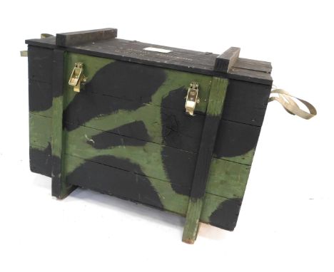 A black and green camouflage painted ammunition box, 65cm high, 87cm wide, 52cm deep. 