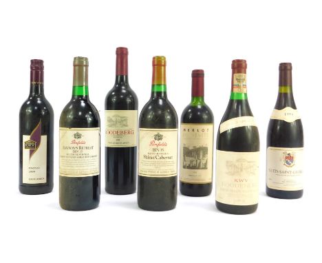 Seven bottles of vintage wine, comprising Roodeberg 2008, Pinotage 2009, Merlot del Vento 1996, Penfold's Rawson's Retreat Ru