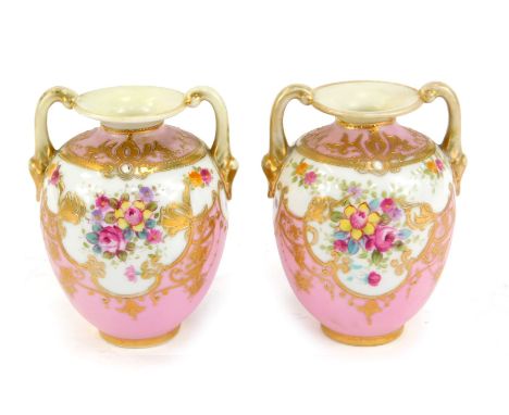 A pair of Noritake miniature two handled porcelain vases, each decorated with flowers, against a pink ground, gilt heightened