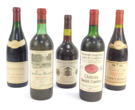 Five bottles of vintage French wine, comprising Chateau Route 1983 Fronsac, Hermitage 1987 Domaine des Remizieres, Chateau Fo