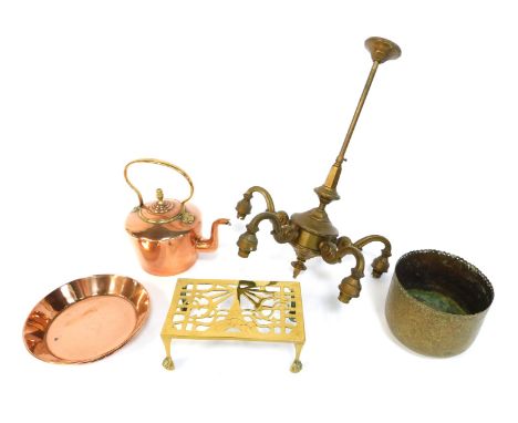A collection of copper and brass wares, to include brass trivet, copper and brass kettle, brass light fitting, etc. (a quanti