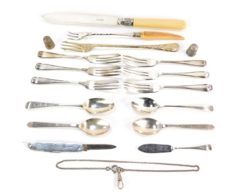 A George III silver teaspoon, with bright cut decoration, Sheffield 1793, pair of Elizabeth II silver teaspoons, with crown t