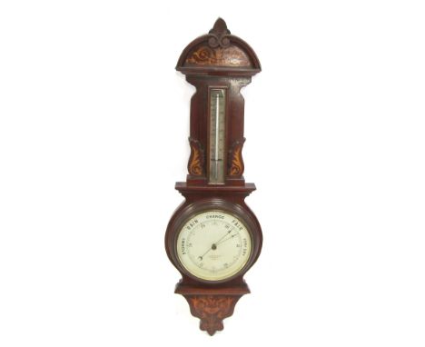 A late 19th/early 20thC mahogany and inlaid wall barometer, the circular enamelled dial, bearing the name J Lucking &amp; Co,