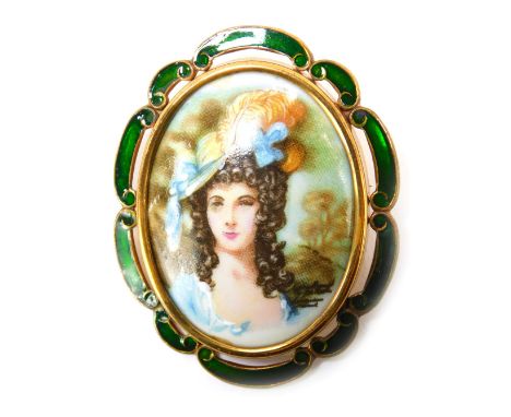 A TLM enamel brooch, the oval brooch depicting maiden in flowing blue dress, transfer printed design, with green enamel outer