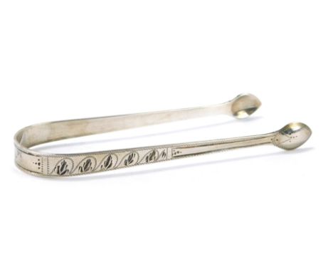A pair of George V silver sugar nips, of engine turned leaf decoration, bearing the initials AME, London 1922, 1.16oz. 