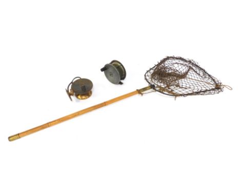 Two vintage fishing reels, comprising a brass Malloch's Patent side cast reel, and an early 20thC salmon fly reel, together w