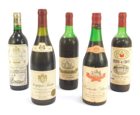 Five bottles of vintage French wine, comprising Savigny las Beaune 1987, Cotes du Rhone, Castillo de Olite 1976, Marques de R