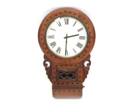 A late 19thC/early 20thC oak and inlaid drop dial wall clock case, with circular enamel dial bearing Roman numerals, and late