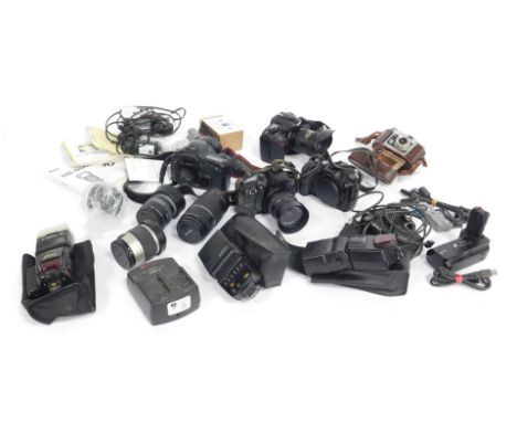 A group of cameras, including a Nikon D200 camera, Finetta camera, two Canon EOS D30 cameras, together with lenses, etc. (a q