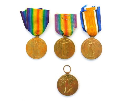 Four WWI Victory medals, named to Pte C Stewart, 3145, A &amp; SH, Pte F Harkin, 42691, R Scots, Pte W Glendinning, 1336, Lan