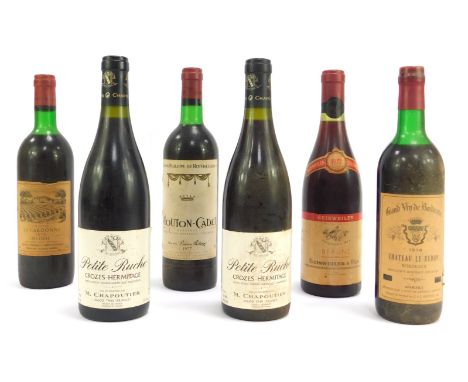 Six bottles of vintage French wine, comprising Chateau la Cardonne 1976 Medoc, Chateau le Redon 1976 Bordeaux, Geisweiler and