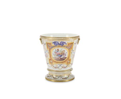 A PARIS PORCELAIN JARDINIERE AND STAND SECOND QUARTER 19TH CENTURY Painted with panels of fruit, flowers and foliate swags, 2