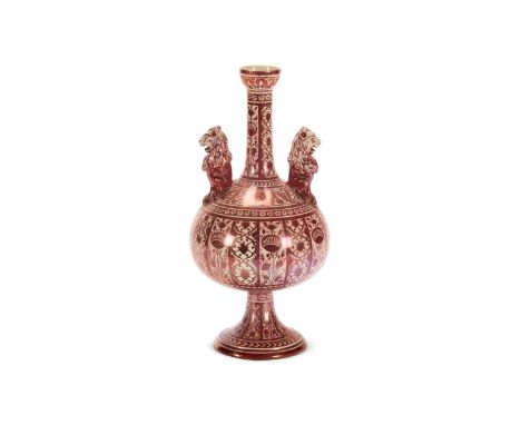 A ULISSE CANTAGALLI BOTTLE VASE IN THE HISPANO-MORESQUE MANNER LATE 19TH CENTURY Decorated in copper-lustre with arabesques a