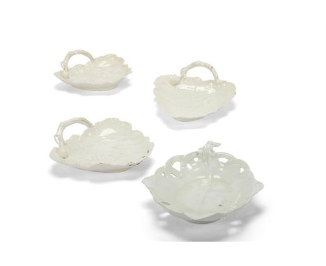 THREE CHELSEA WHITE PORCELAIN LEAF-SHAPED DISHES WITH CRABSTOCK HANDLES CIRCA 1756 Moulded in relief with leaves and peonies,