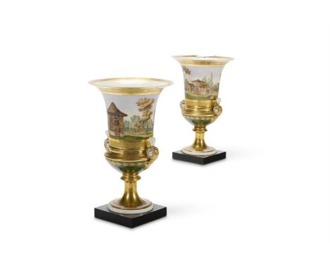 A PAIR OF PARIS PORCELAIN CAMPANA URNS CIRCA 1840  Each painted with a vista of ornamental deer in an enclosure, on black sla