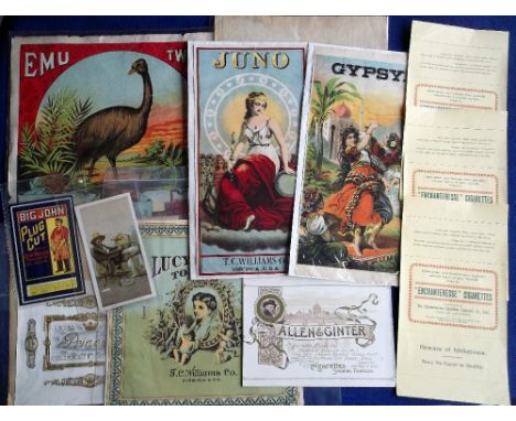 Tobacco ephemera, USA &amp; others, selection of mostly 'XL' size tobacco labels inc. T.C. Williams (x3), David Dunlop (1), C
