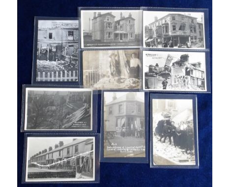 Postcards, Suffolk, Lowestoft Zeppelin Bombardment, 25th April, 1915, 9 cards, mostly RP's inc. Durrant &amp; Sons corner sho
