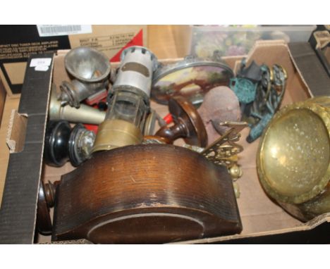 A BOX OF ASSORTED METALWARE INCLUDING A JH NAYLORD MINERS LAMP