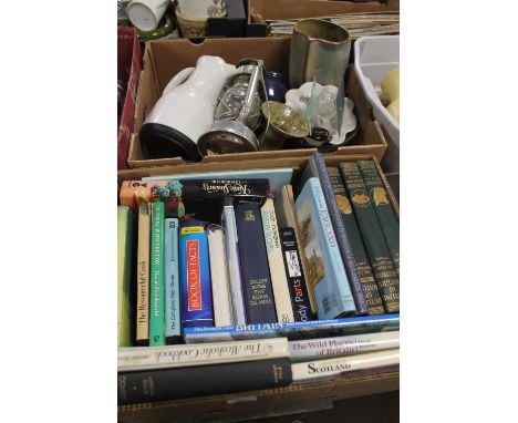 A BOX OF ASSORTED BOOKS TOGETHER WITH A TRAY OF CERAMICS TO INCLUDE A LAMP