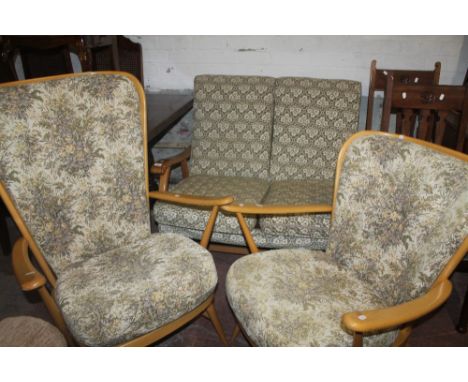 TWO ERCOL ARMCHAIRS TOGETHER WITH A ERCOL STYLE SOFA