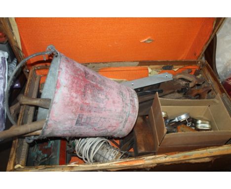 A VINTAGE WOOD BOUND TRUNK A/F AND CONTENTS