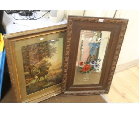 A FRAMED AND GLAZED PRINT AND A MIRROR