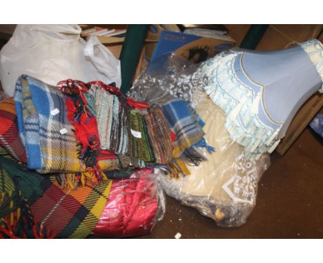 A QUANTITY OF ASSORTED LAMP SHADES, VINTAGE PICNIC BLANKETS ETC.