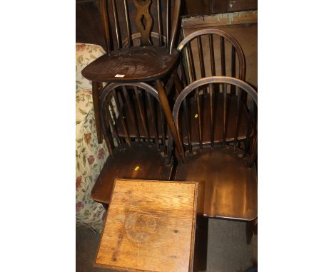 A SET OF FOUR STICK BACK CHAIRS, AN ERCOL CHAIR AND A OAK PLANT STAND (6)