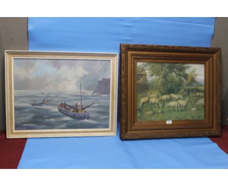 AN OIL ON CANVAS SIGNED HERICKS DEPICTING A FISHING BOAT TOGETHER WITH A FRAMED PRINT OF SHEEP TITLED 'A MAYDAY'  (2)