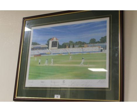 A FRAMED AND GLAZED PRINT TITLED "WARWICKSHIRE COUNTY CRICKET CLUB" depicting a match at Edgbaston dated 1994, signed by vari