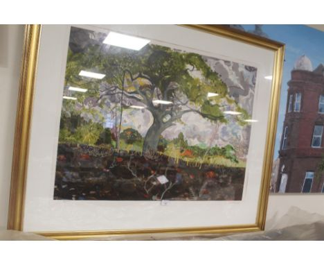 ALI DARLISH - SILK SCREEN PRINT OF A TREE with woodland scene behind, limited edition 40/250, signed lower right, framed 129 