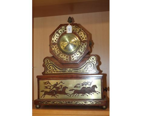 A REGENCY ROSEWOOD VENEERED AND BRASS INLAID MANTEL CLOCK, fitted key draw to base, later quartz movement