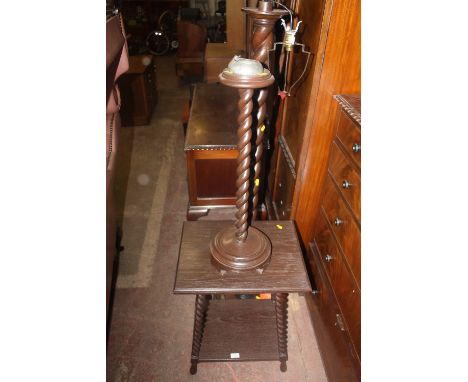 A BARLEY TWIST HALL TABLE, TOGETHER WITH A STANDARD LAMP AND AN ASH TRAY STAND (3)