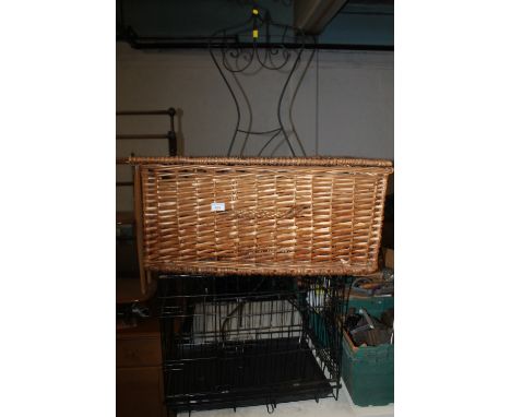 A WICKER PICNIC BASKETS, A DOG CAGE AND A METAL MANNEQUIN 