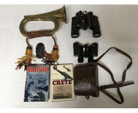 A group of items including a bugle without a mouthpiece, two binoculars including an Aquilus pair and a cased pair and two sm
