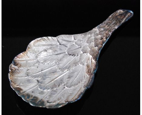An E.R. II silver caddy spoon, the bowl engraved with layered feathers, the terminal in the form of a birds head, maker C.J. 