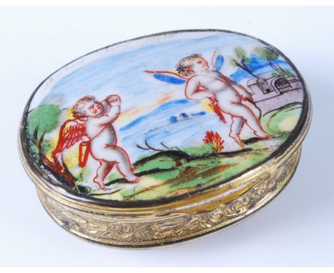 A mid-18th century French gilt metal and porcelain set snuff-box, of oval form, the cover enamel decorated with cherubs amids